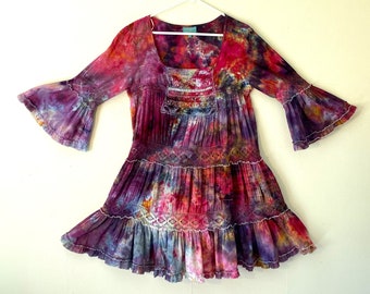Ice Dyed Ruffled Lacy Tiered Boho Tie Dye Dress With Bell Sleeves Square Neckline multicolor abstract one of a kind hand tie dyed design
