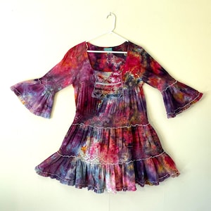 Ice Dyed Ruffled Lacy Tiered Boho Tie Dye Dress With Bell Sleeves Square Neckline multicolor abstract one of a kind hand tie dyed design