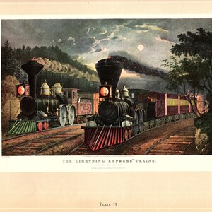Currier & Ives Color Art Print &quot;Lightning Express Trains&quot; and &quot;Wreck of the Steam Ship San Francisco&quot; 2 sided vintage book page for framing