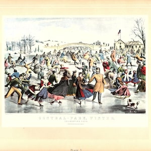 Currier & Ives Color Art Print &quot;Central Park, Winter&quot; and &quot;Life of a Fireman&quot; 2 sided vintage book page ready for framing or an art project