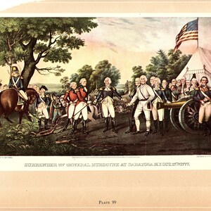 Currier & Ives Color Art Print &quot;Surrender at Saratoga&quot; and &quot;Mississippi in Time of War&quot; 2 sided vintage book page ready for framing