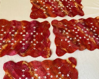 Tie Dye Placemats Set of 4 ice dyed in sunny oranges, yellows & pinks Crochet Lace Doily Placemats