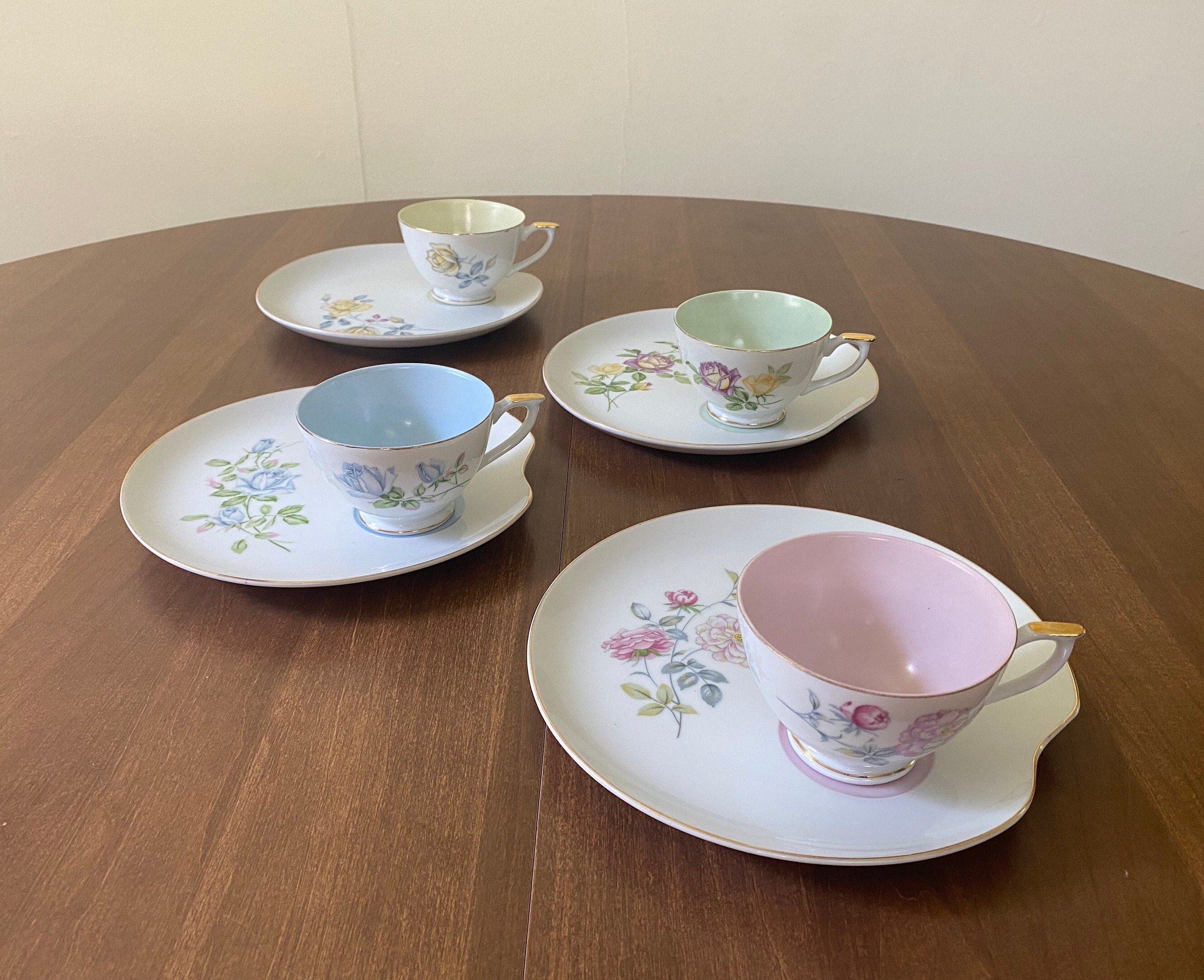 Cute Pastel Colour Vintage Print Ceramic Tea Cup with Plate