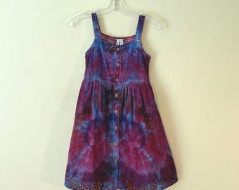 Tie Dye Sundress Girls Size 10 Tie Dye Cotton Eyelet Button Up Summer Dress Ice Dyed in Stormy Purple, Black Cherry, Inky Indigo Blue