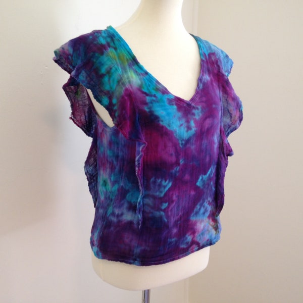 Ice Dyed Crop Top Geraffte Double Gauze V Ausschnitt Tie Dye Top mit Flatterärmeln Größe M