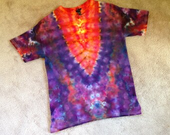 Tie Dye Tee Shirt for boys or girls ice dyed in fire red orange & cool purple violet Child Size L