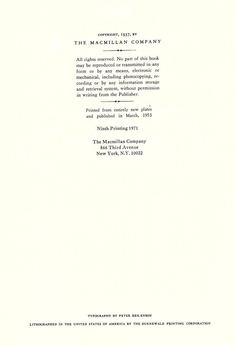 May include: Copyright information for a book published by The Macmillan Company. The book was printed in March 1953 and is the ninth printing in 1971. The company's address is 866 Third Avenue, New York, N.Y. 10022.