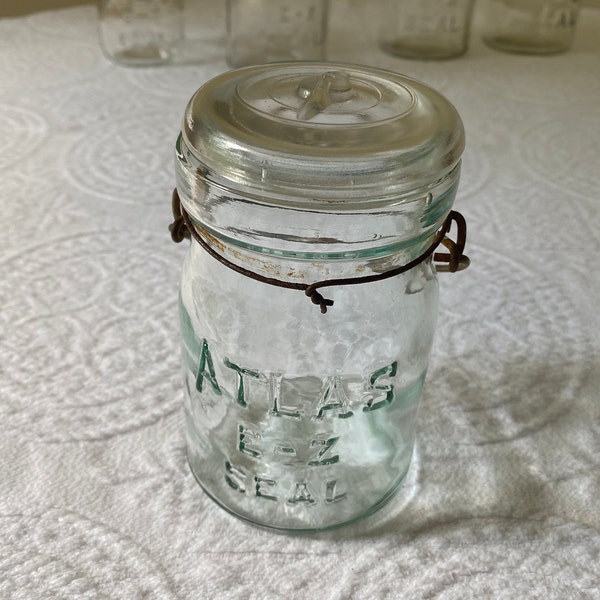Atlas E-Z Seal Clear Glass Mason Jar Pint Canning Jar with Glass Lid & Wire Bale Closure Hazel-Atlas Antique Vintage