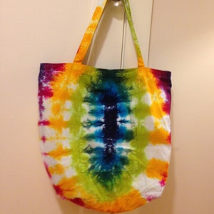 Big Tie Dye Beach Bag hand dyed in bright rainbow colors extra large tote bag with pocket