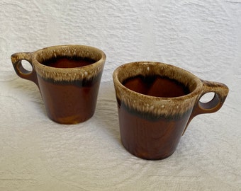 Hull Oven Proof USA Pair of Brown Drip Coffee Mugs Set of 2 Cups Crestone Dinnerware Mid Century Modern