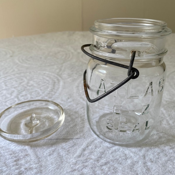 Atlas E-Z Seal Clear Glass Mason Jar 12 Oz. Canning Jar with Glass Lid & Wire Bale Closure Hazel-Atlas Vintage