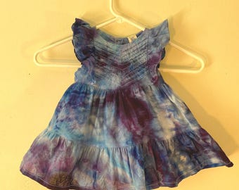 Tie Dye Sundress with Bloomers Girls Size 9 Months Dress Ice Dyed in Watery Waves of Cool Blue, Inky Indigo, with a Smattering of Purple