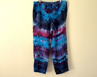Tie Dye Linen Pants Drawstring Waist Trousers ice dyed in turquoise, raspberry, purple & inky blue, size XL