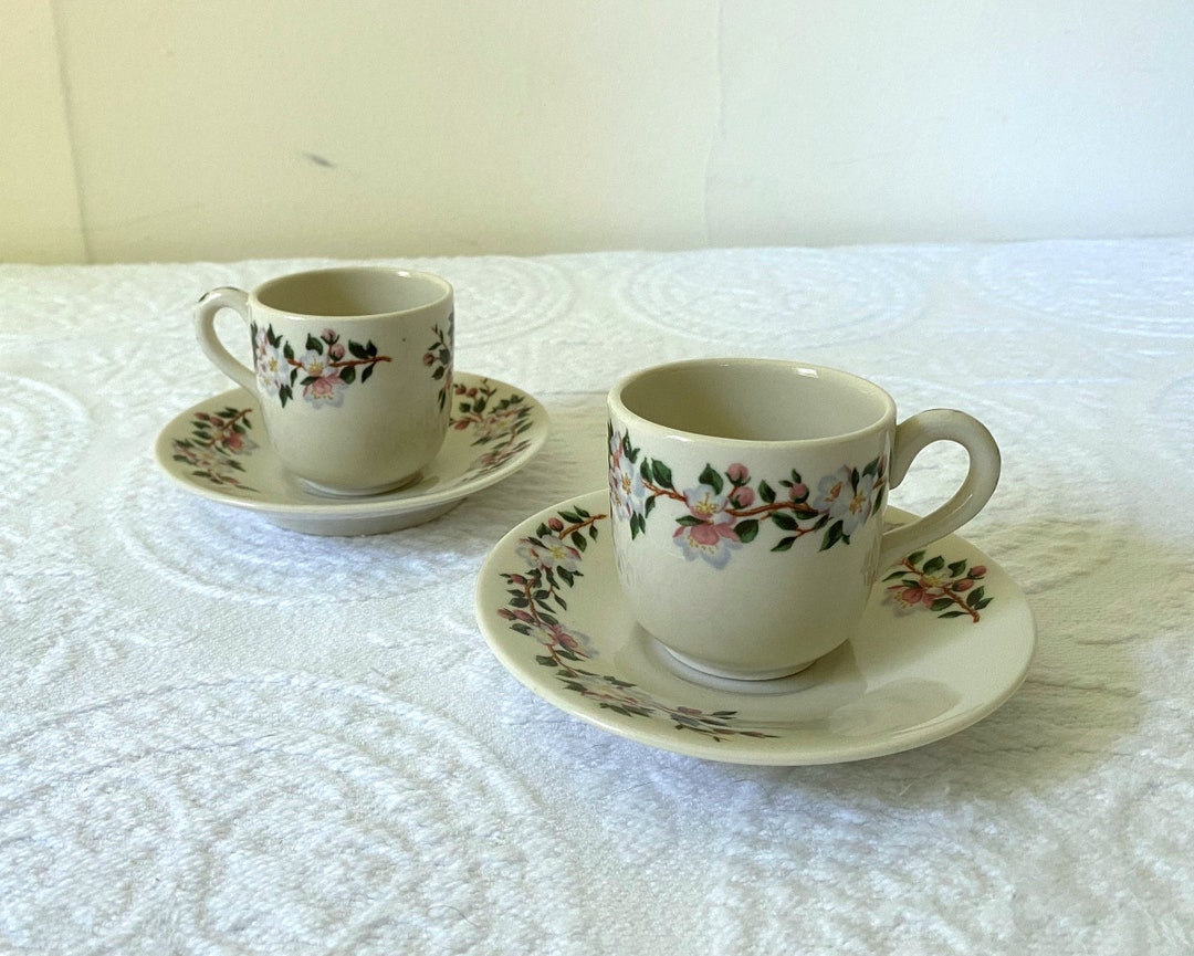 Pair Demitasse Tea Cups & Saucers Mayer China, Blossom Hill, Made in