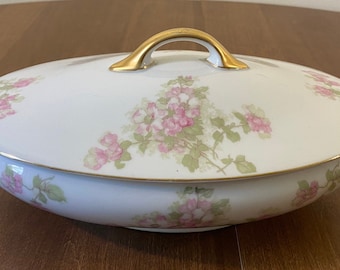 J&C Bavaria Pink Rose Oval Covered Vegetable Dish 3764 by Jaeger and Co. Trianon Floral with Gold Trim Fine Bone China made in Germany
