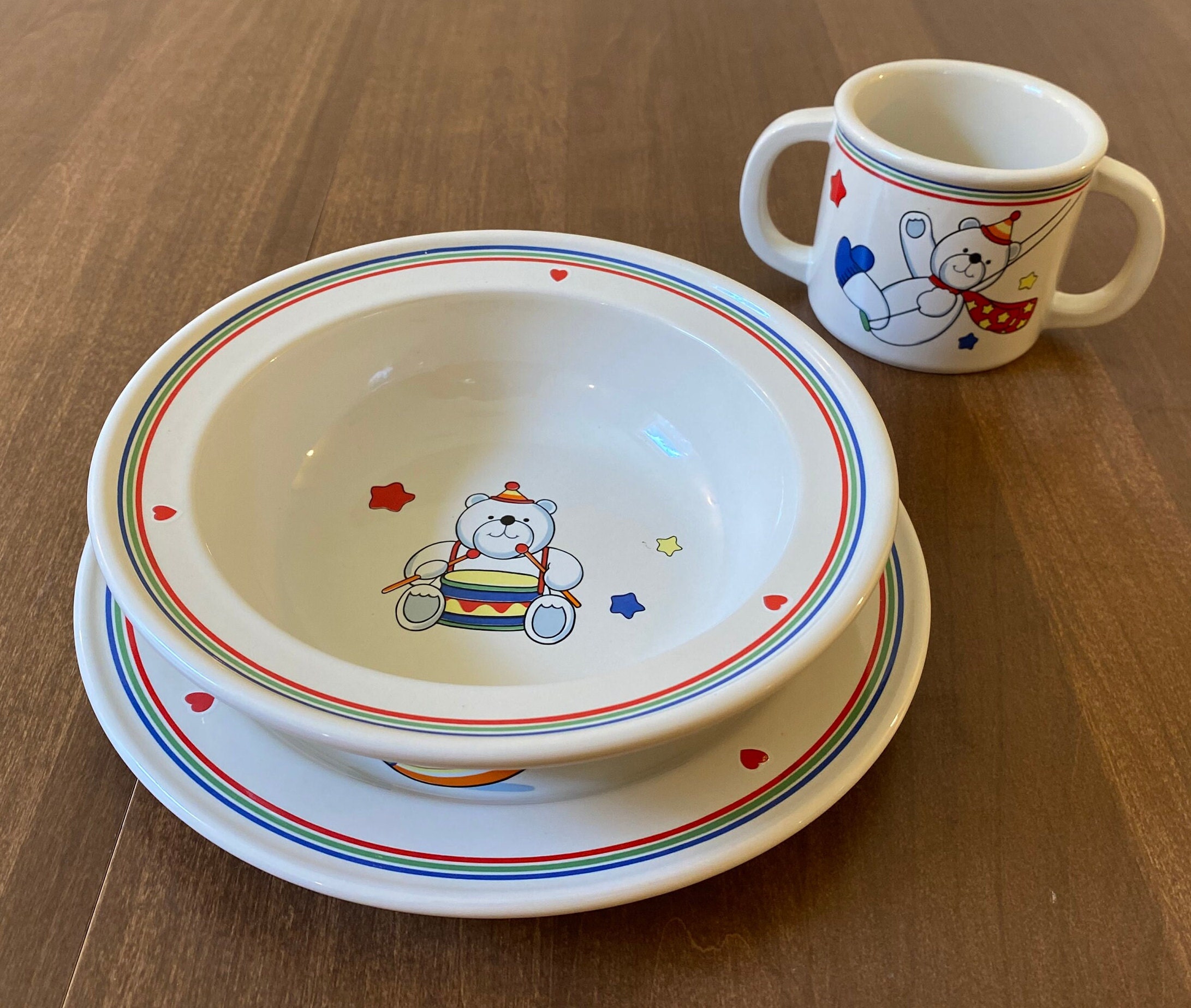Epoch Circus Bear Childs Cup Bowl and Plate Set Toddler Double Handled Mug Cereal Bowl Dinner Plate for Kids Childrens Dish