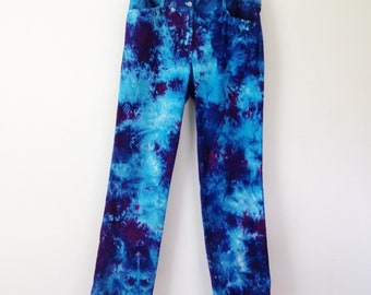 Tie Dye Chino Pants ice dyed trousers in turquoise, violet, purple & indigo blue size 12