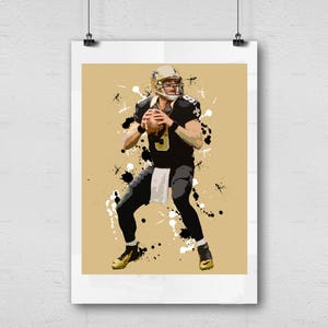 May include: A digital illustration of a football player in a black and gold uniform, holding a football and wearing a helmet. The background is a light brown with black paint splatters.