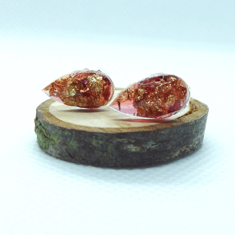 Red and gold leaf teardrop stud earrings