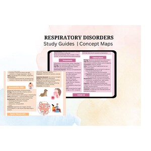May include: A colourful concept map with illustrations of a seal, a baby, and a person coughing. The map outlines different respiratory disorders, including Bronchiolitis, Cystic Fibrosis, Pneumonia, Tuberculosis, and COVID-19. The map includes information about the aetiology, transmission, high-risk groups, manifestations, diagnosis, treatment, and prevention of each disorder.