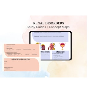 May include: A digital concept map for renal disorders, with a focus on chronic renal failure. The map includes sections on the causes, clinical course, and complications of chronic renal failure. The map also includes a section on the manifestations and laboratory findings associated with renal disorders.