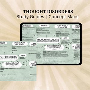 May include: A green and white concept map illustrating thought disorders. The map includes categories such as schizophrenia, bipolar disorder, personality disorders, anxiety disorders, neurocognitive dysfunction, and developmental disorders. The map also includes text describing the characteristics of each disorder.