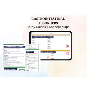 May include: A set of colorful study guides and concept maps for gastrointestinal disorders. The guides cover topics such as malabsorption disorders, eating disorders, acute intestinal disorders, obesity, and intestinal disorders. Each guide features a simple design with text and illustrations.