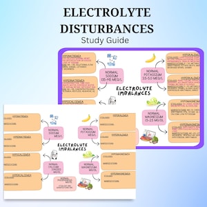 May include: A pink and orange study guide with the title "Electrolyte Disturbances" and a diagram of electrolyte imbalances. The diagram includes normal ranges for sodium, potassium, calcium, and magnesium. The guide also includes information on hypokalemia, hyperkalemia, hypocalcemia, hypercalcemia, hypomagnesemia, and hypermagnesemia.