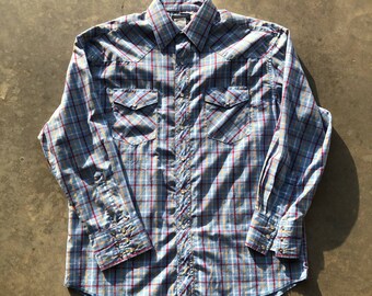 Wrangler Vintage Shirt Light Blue Red Yellow Primary Color Stripe Pearl Snap 90s00s  Sz M/L 16.5 x 35