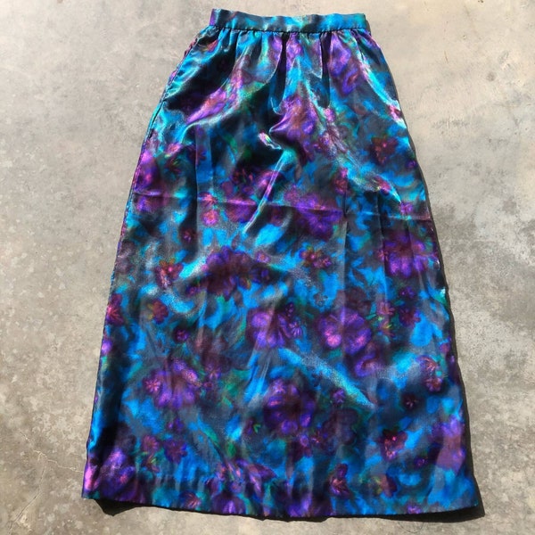 Vintage Women's Skirt Satin Maxi Skirt Blue Purple Satin Iris Midi Skirt Handmade Vtg 80s90s Floral Evening Wear Sz S/M