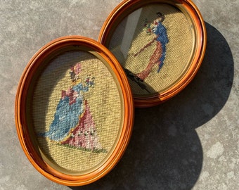 Vintage 70s Needlepoint Art Man and Woman Courting Flirting Victorian Era Framed