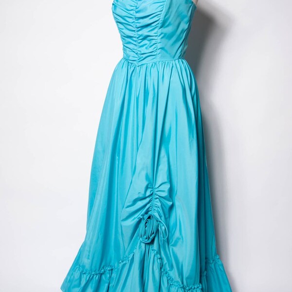 80s Blue Prom Dress Sweetheart Neckline Dress Spaghetti Strap Ruffle Gown SzS