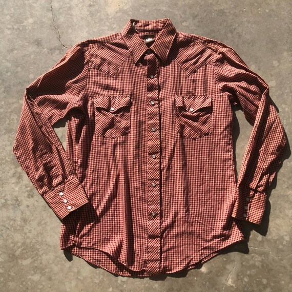 70s Western Shirt Men's Karman Faded Red Plaid Pearl … Gem
