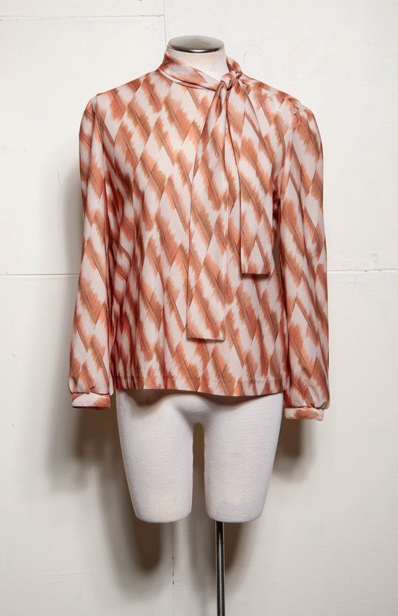 70s/80s Earthtone Geometric Print Tie Top Blouse