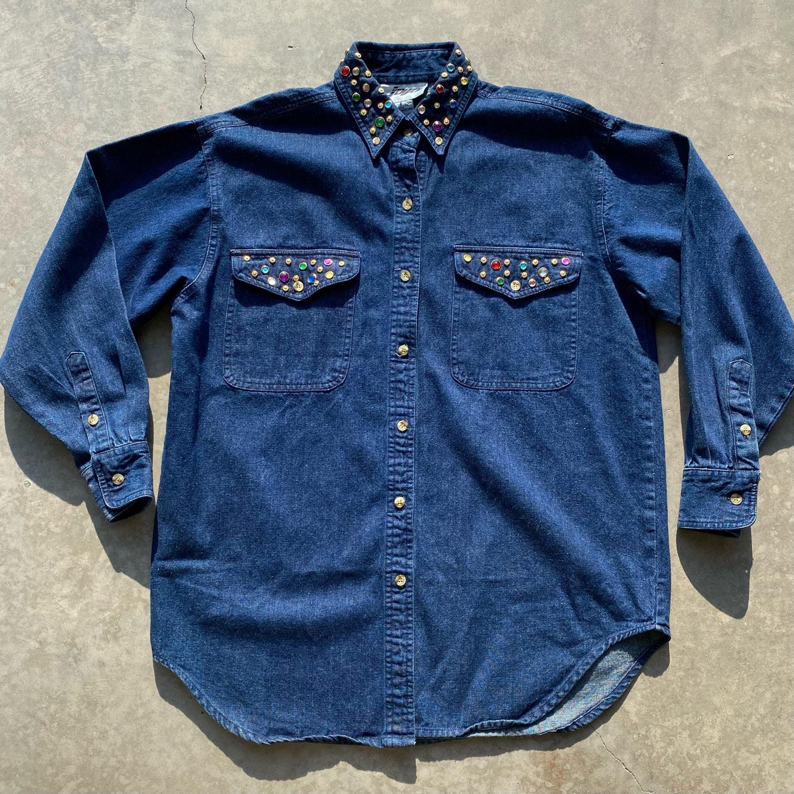 90s Denim Shirt Studded Bejeweled Gems Dark Blue Cotton