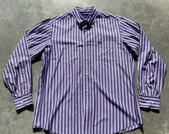 Faconnable Men's Shirt Long Sleeve Button Down Pink Blue Stripe Cotton  Sz L