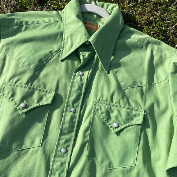 Ely Plains 70s Pearl Snap Shirt Green Cotton Butt… - image 1