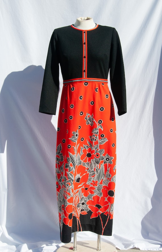 Vintage 1970s Tomato Red Poppies Dress