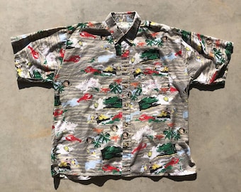 Vintage Hawaiian Shirt Men's Short Sleeve Button Down Novelty Fish Print Cotton Shirt 90s Sz L