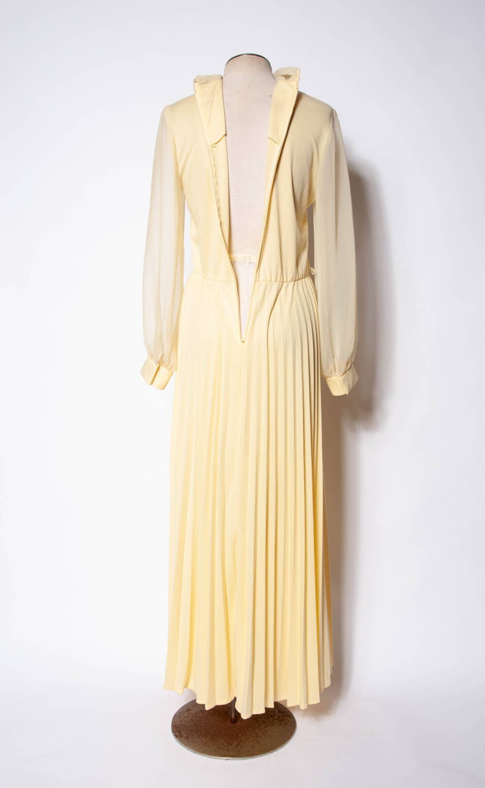 70s yellow organza full length tiered gown with back bow // small-medium