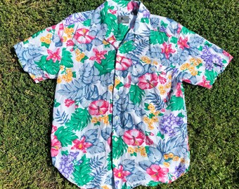 90s Hawaiian Shirt Short Sleeve Button Down All Over Floral Print Rayon Liz Sz Medium