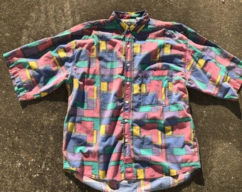 90s Men's Shirt Short Sleeve Button Down Shirt Colorblock Shirt Faded Worn In Funky Tv Sitcom Vibes Shirt Sz XL