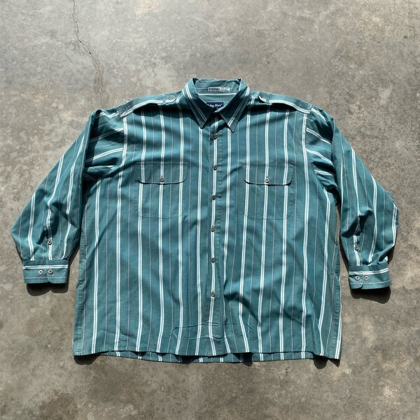 90s Striped Shirt Men's Button Down Green Striped Casual Quiet Luxury Sz 2XL LS