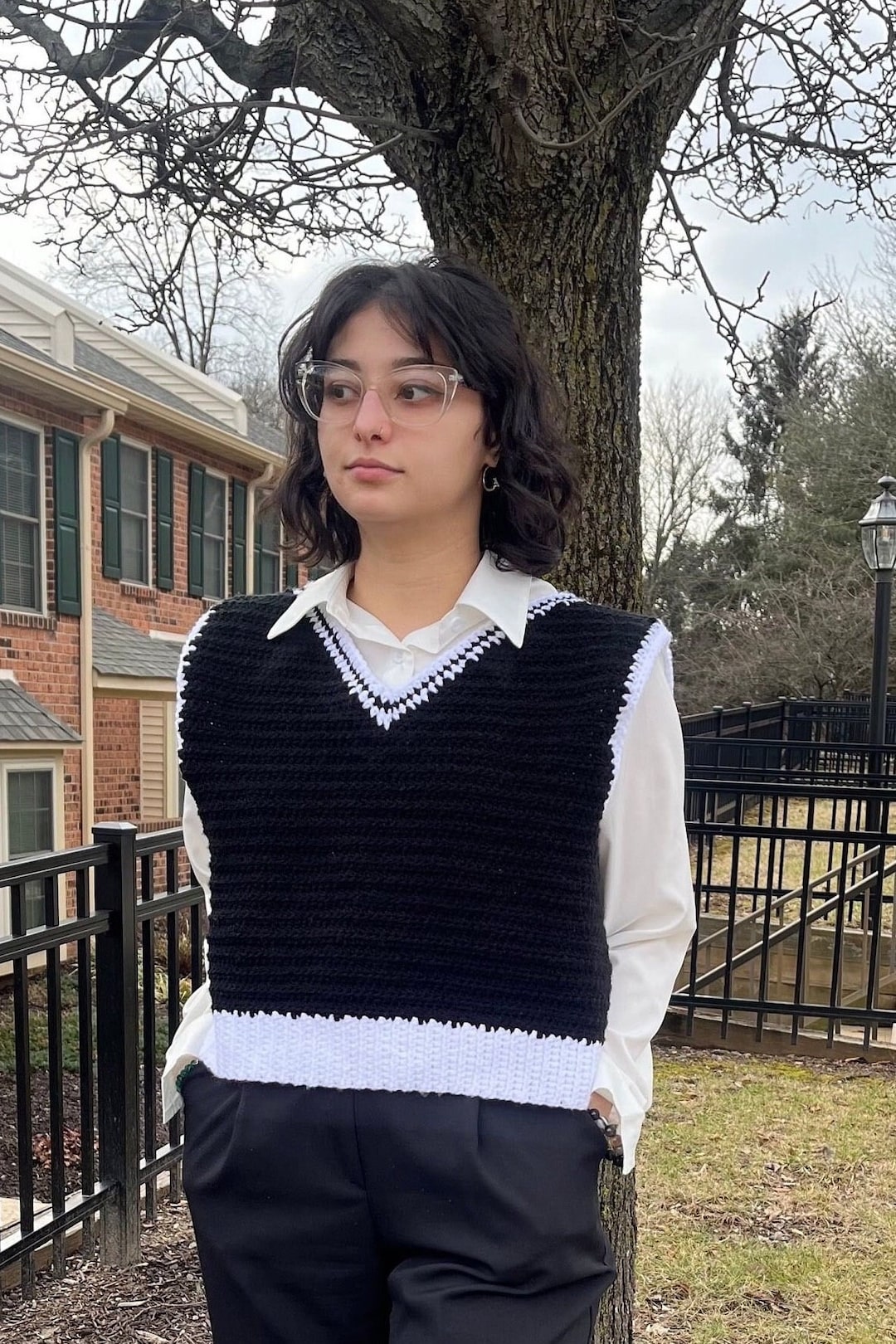 Crochet V-neck Sweater Vest- MULTIPLE COLORS: Black and White