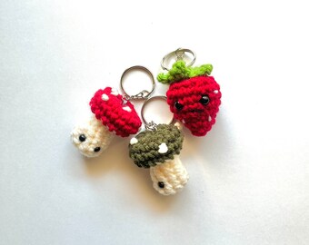 Crochet Keychains- Red Mushroom, Green Mushroom, Angry Strawberry, and Plain Strawberry