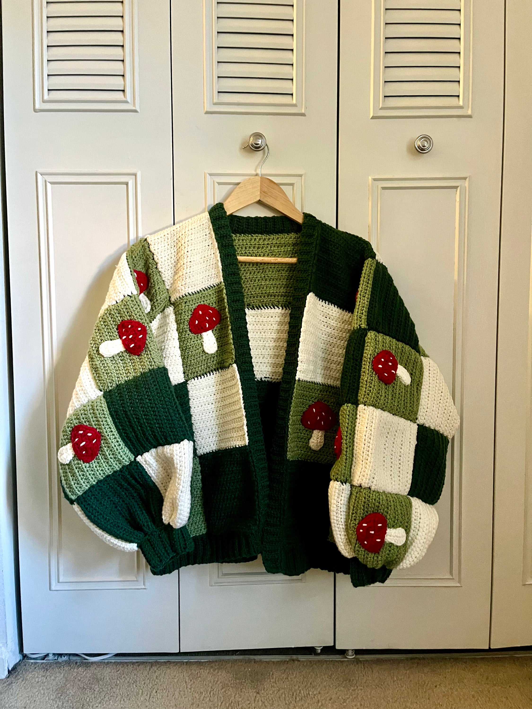Handmade Crochet Patchwork Cardigan With Mushroom Granny Squares