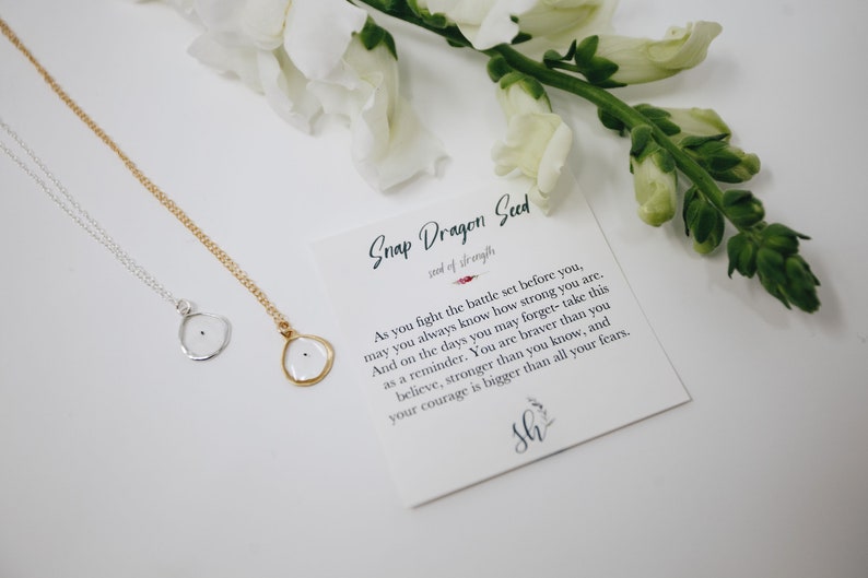 May include: A gold and silver necklace with a small, clear pendant containing a single black seed. The pendant is shaped like a flower. The necklace comes with a card that reads "Snap Dragon Seed, seed of strength" and includes a quote about courage and strength.