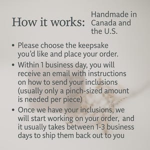 May include: Text on a light background reads "How it works:" followed by a list of steps. The text explains the process of ordering a keepsake, including choosing a piece, receiving instructions, and shipping.