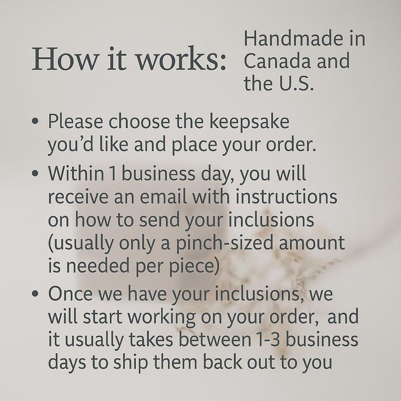 May include: Text on a light background reads "How it works:" followed by a list of steps. The text explains the process of ordering a keepsake, including choosing a piece, receiving instructions, and shipping.