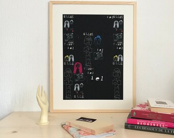 Drawing illustration faces on black background print Fine Art